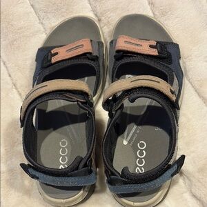 Ecco Blue, pink, and Tan Sandals with Velcro Straps and Sturdy Sole